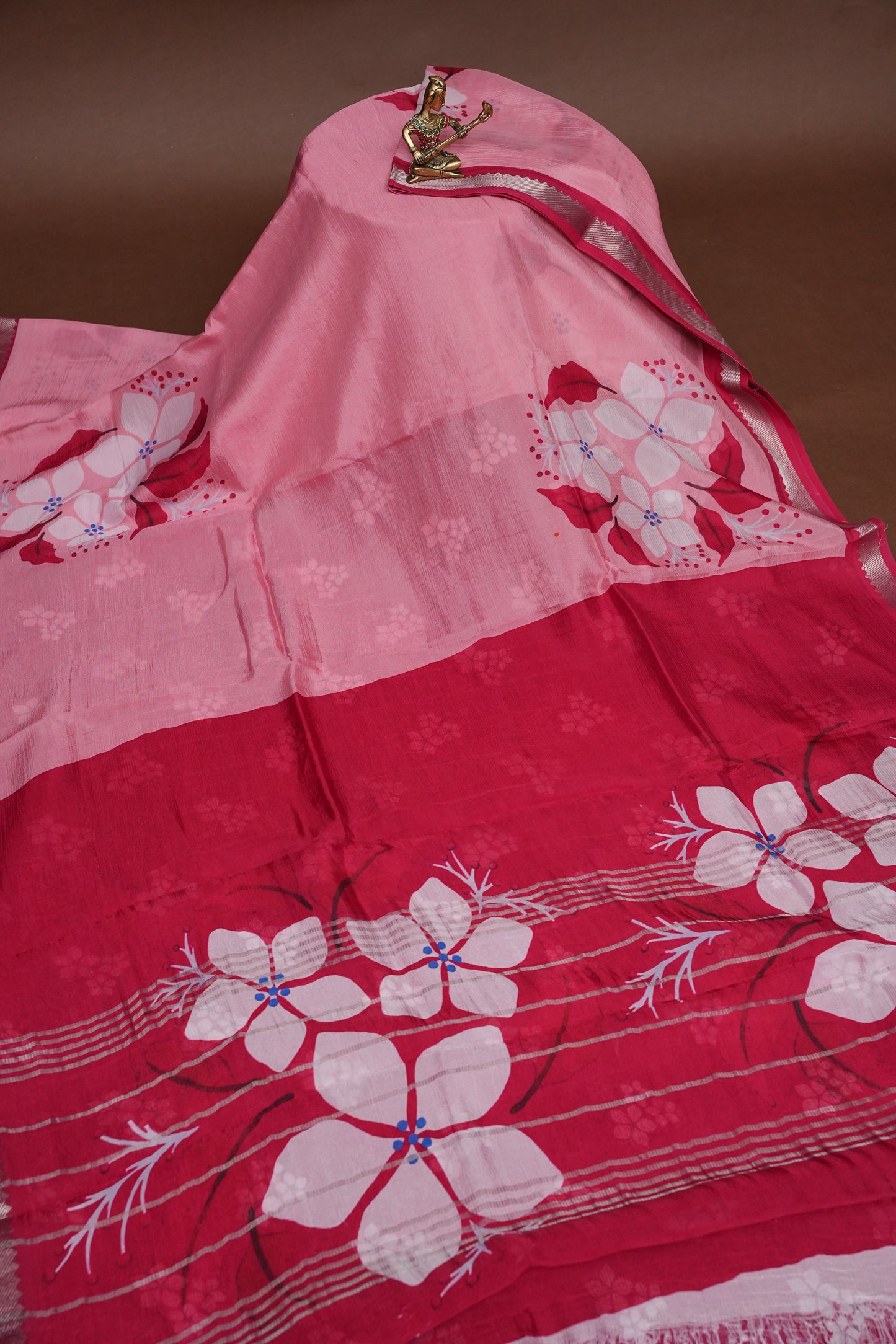 Mangalagiri Printed Silk Saree – Soft Pink & Coral Red