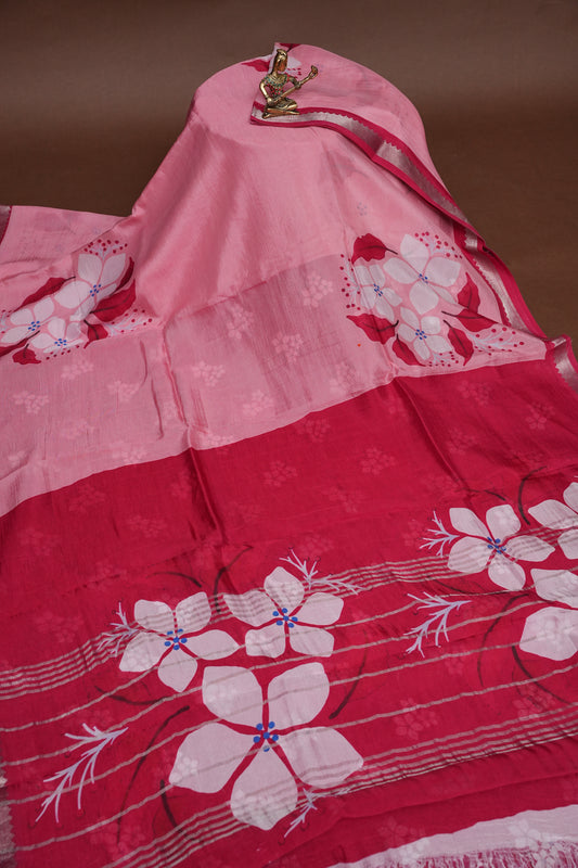 Mangalagiri Printed Silk Saree – Soft Pink & Coral Red