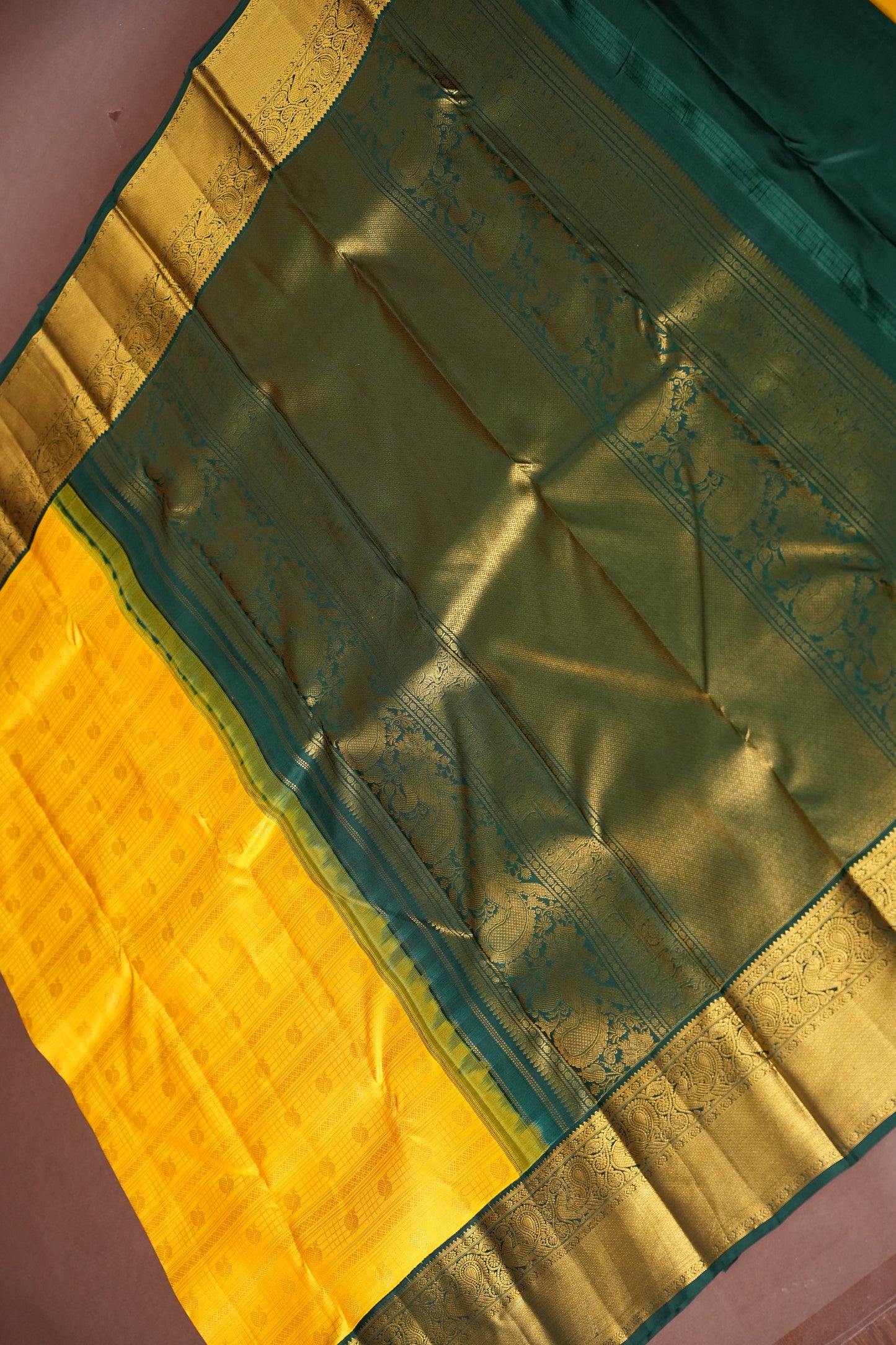 Sunshine Yellow & Bottle Green Pure Kanchipuram Silk Saree with Rich 2 Gram Gold Zari Weaving|Silk Mark Certified
