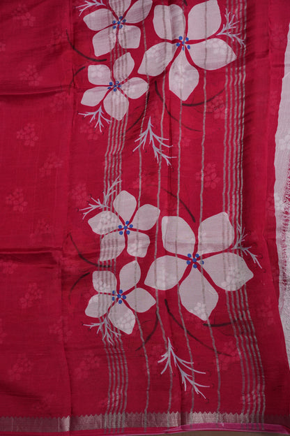 Mangalagiri Printed Silk Saree – Soft Pink & Coral Red