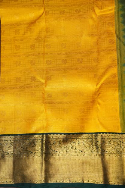 Sunshine Yellow & Bottle Green Pure Kanchipuram Silk Saree with Rich 2 Gram Gold Zari Weaving|Silk Mark Certified