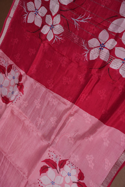 Mangalagiri Printed Silk Saree – Soft Pink & Coral Red