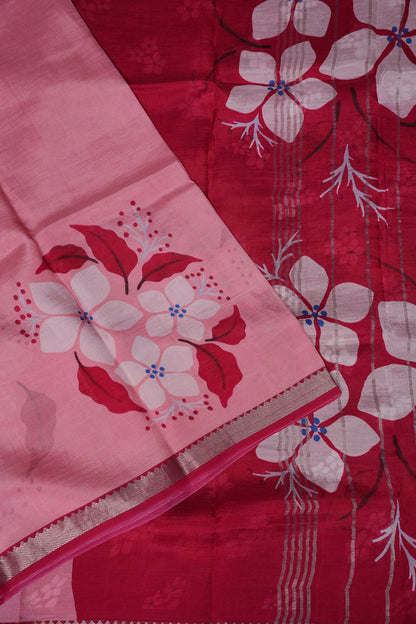 Mangalagiri Printed Silk Saree – Soft Pink & Coral Red