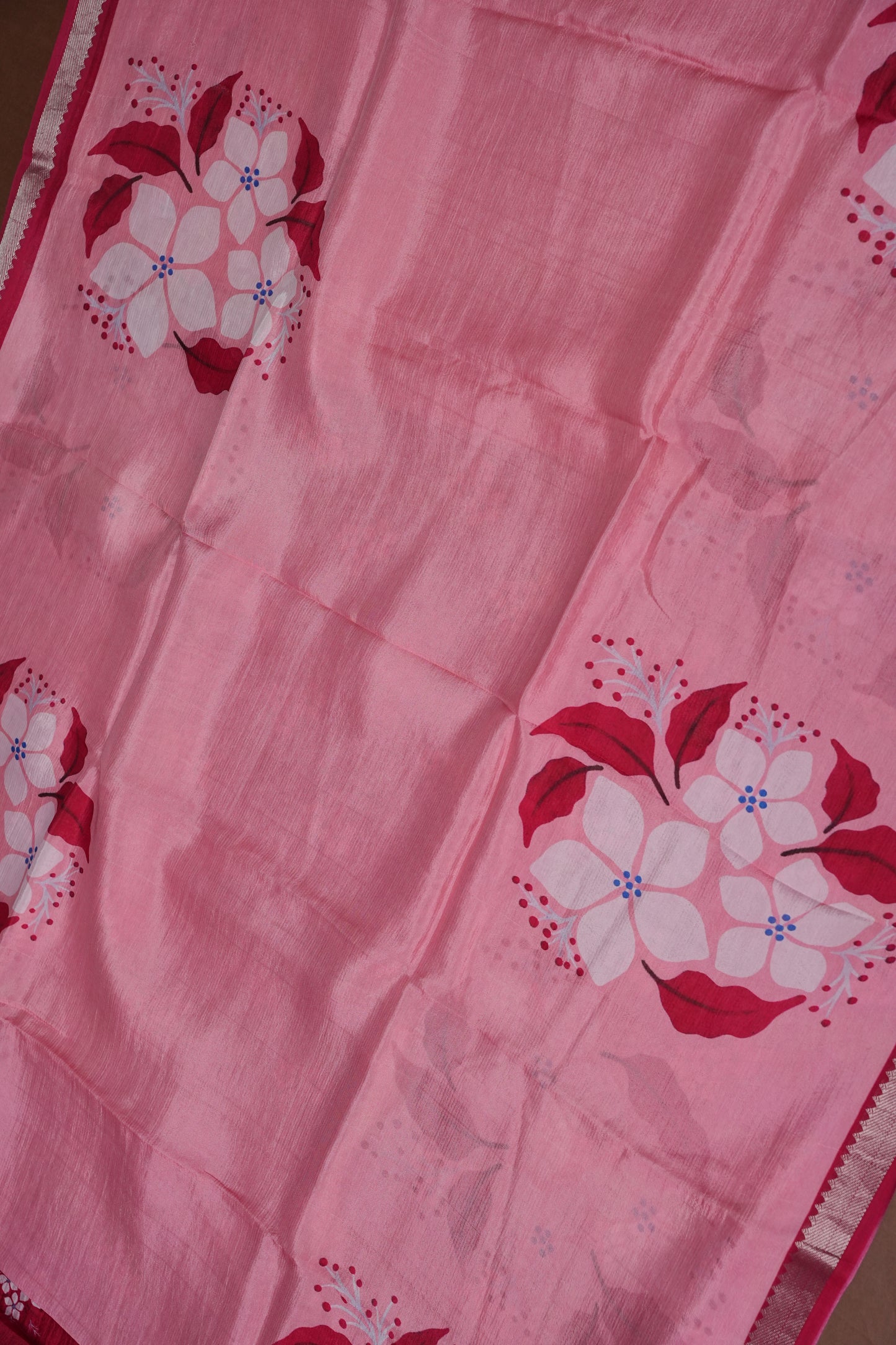 Mangalagiri Printed Silk Saree – Soft Pink & Coral Red
