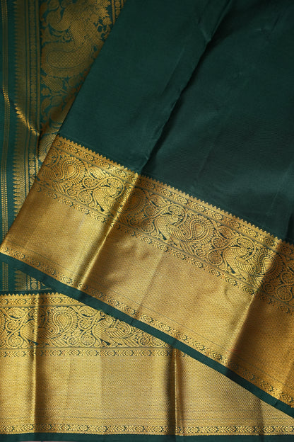 Sunshine Yellow & Bottle Green Pure Kanchipuram Silk Saree with Rich 2 Gram Gold Zari Weaving|Silk Mark Certified