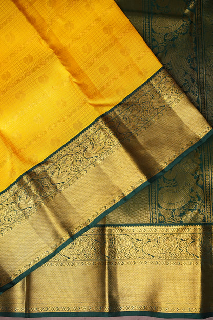 Sunshine Yellow & Bottle Green Pure Kanchipuram Silk Saree with Rich 2 Gram Gold Zari Weaving|Silk Mark Certified