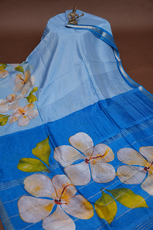 Mangalagiri Printed Silk Saree – Sky Blue & Dark Blue