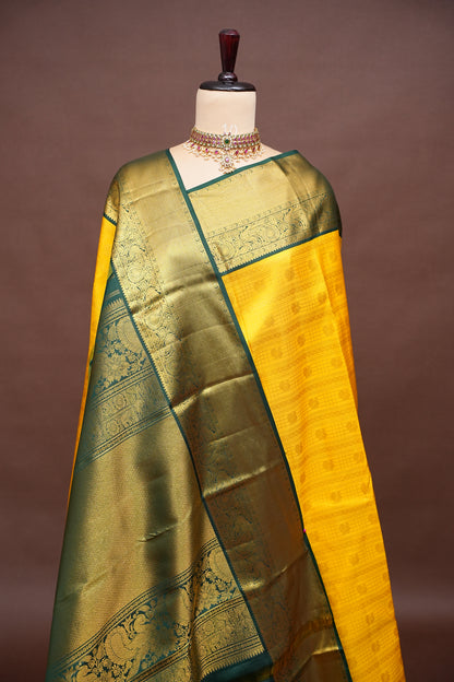 Sunshine Yellow & Bottle Green Pure Kanchipuram Silk Saree with Rich 2 Gram Gold Zari Weaving|Silk Mark Certified