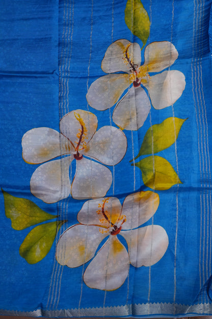 Mangalagiri Printed Silk Saree – Sky Blue & Dark Blue