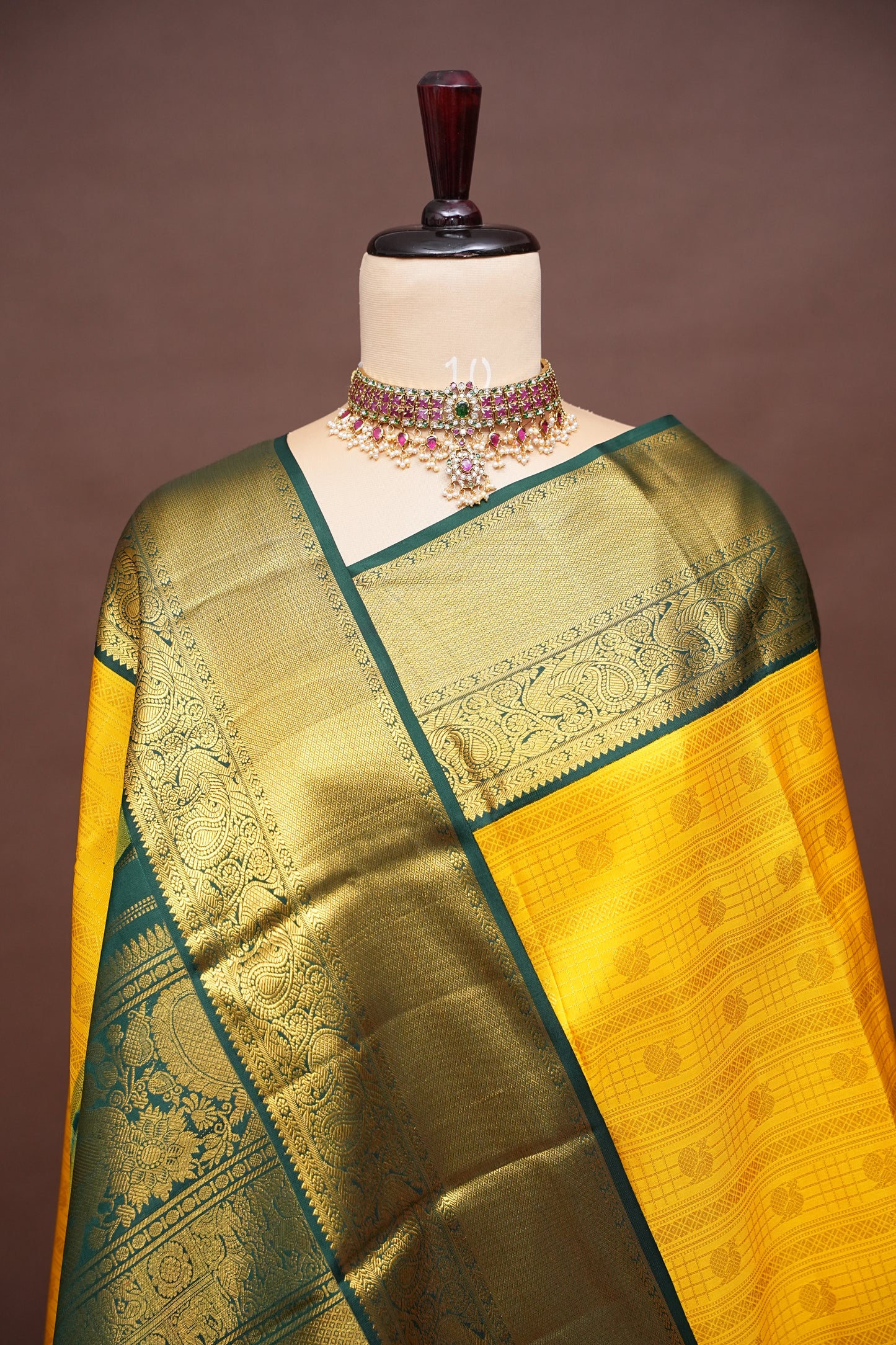 Sunshine Yellow & Bottle Green Pure Kanchipuram Silk Saree with Rich 2 Gram Gold Zari Weaving|Silk Mark Certified