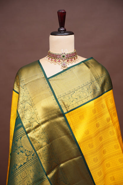 Sunshine Yellow & Bottle Green Pure Kanchipuram Silk Saree with Rich 2 Gram Gold Zari Weaving|Silk Mark Certified