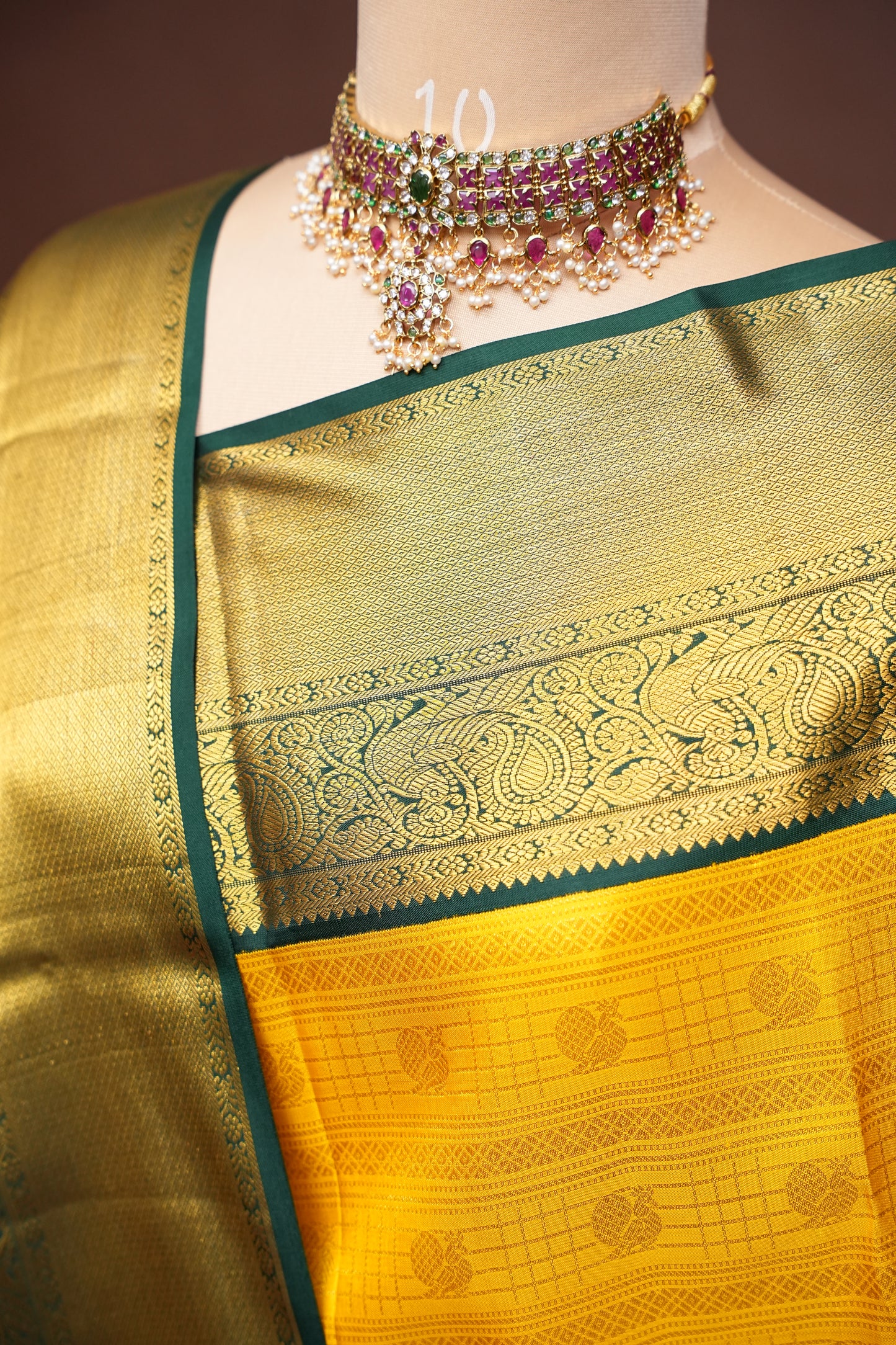 Sunshine Yellow & Bottle Green Pure Kanchipuram Silk Saree with Rich 2 Gram Gold Zari Weaving|Silk Mark Certified