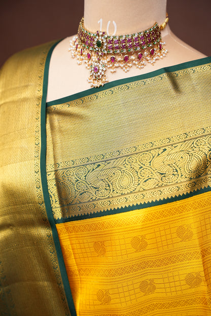 Sunshine Yellow & Bottle Green Pure Kanchipuram Silk Saree with Rich 2 Gram Gold Zari Weaving|Silk Mark Certified