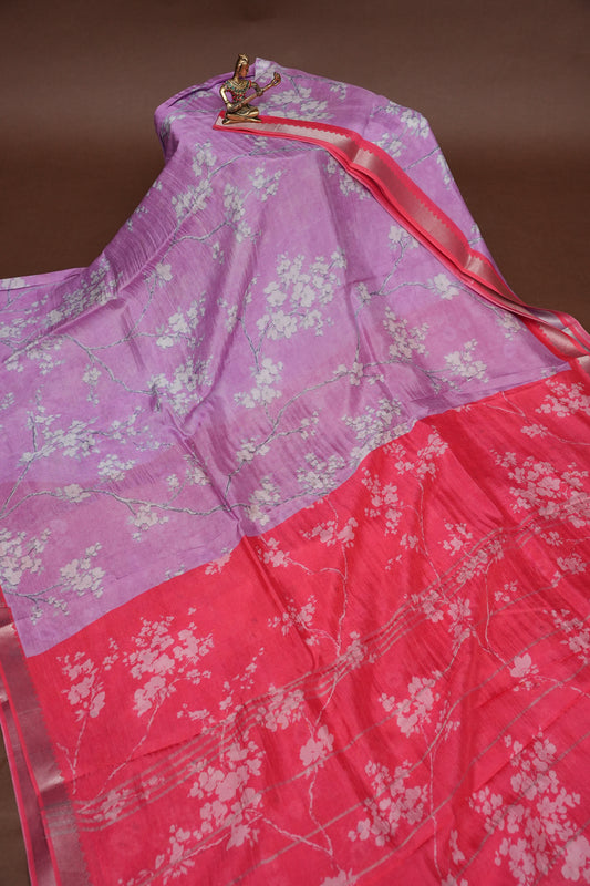 Mangalagiri Printed Silk Saree - Lavender Purple & Coral Red