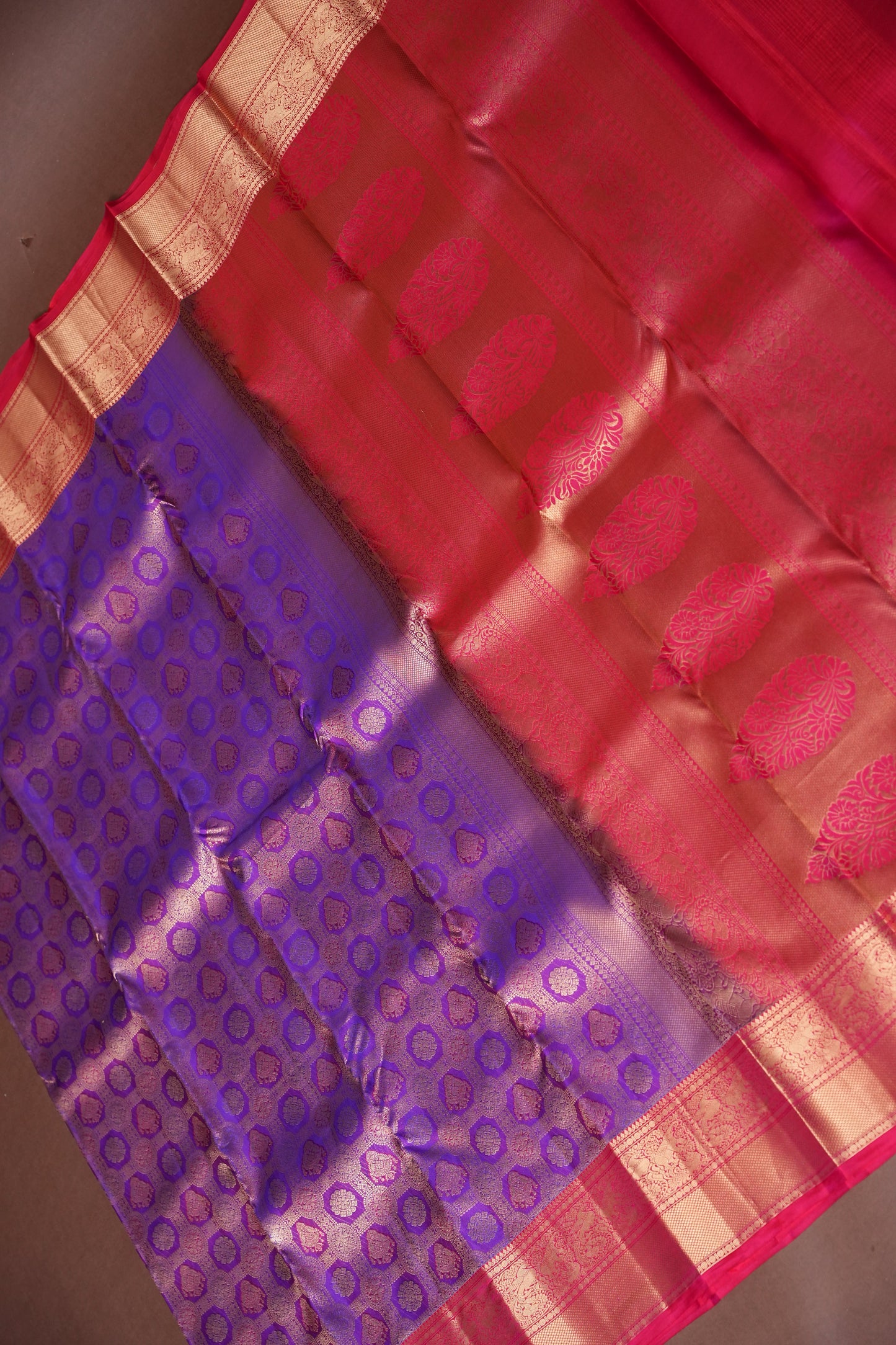 Royal Purple & Rani Pink Kanchipuram Silk Saree with Rich Gold Zari Weaving|Silk Mark Certified