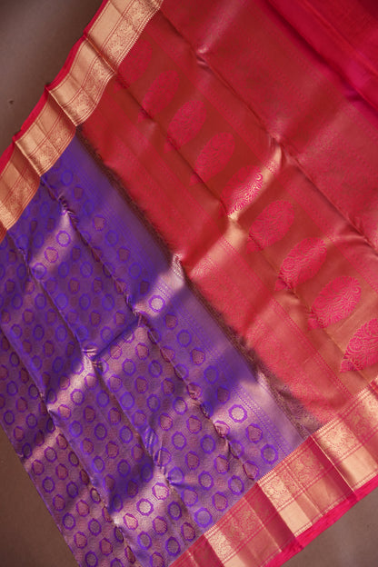 Royal Purple & Rani Pink Kanchipuram Silk Saree with Rich Gold Zari Weaving|Silk Mark Certified