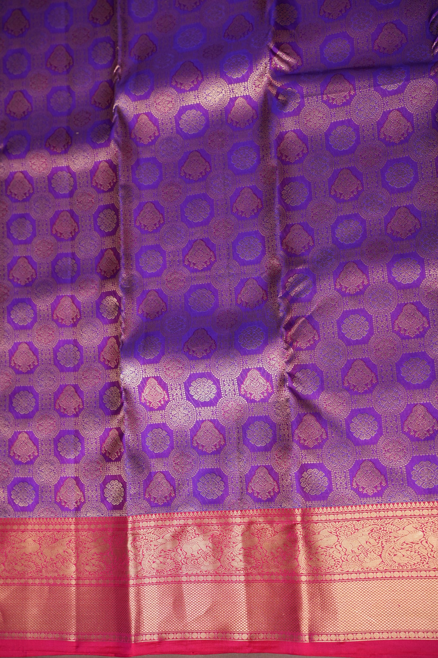Royal Purple & Rani Pink Kanchipuram Silk Saree with Rich Gold Zari Weaving|Silk Mark Certified