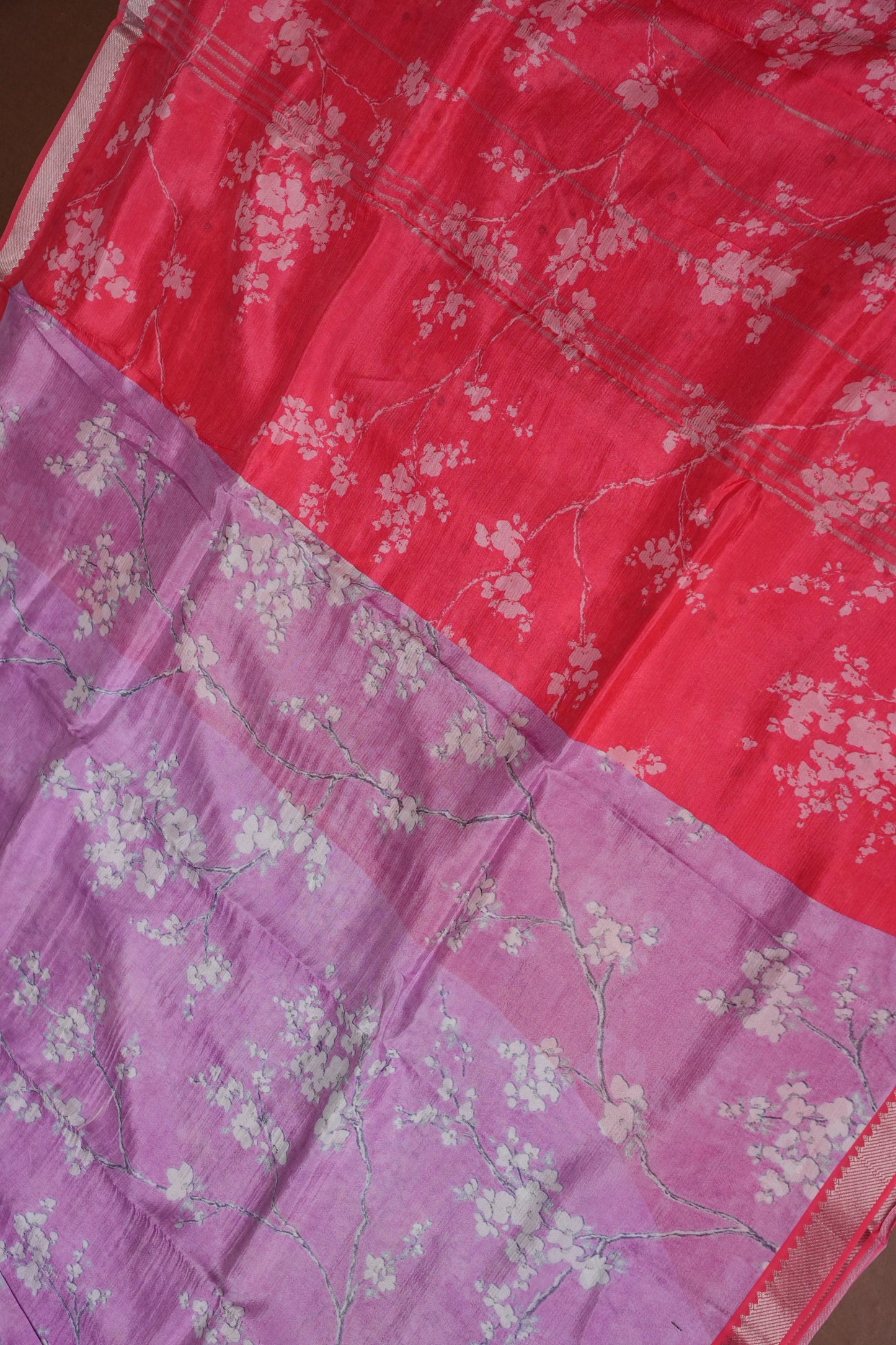 Mangalagiri Printed Silk Saree - Lavender Purple & Coral Red