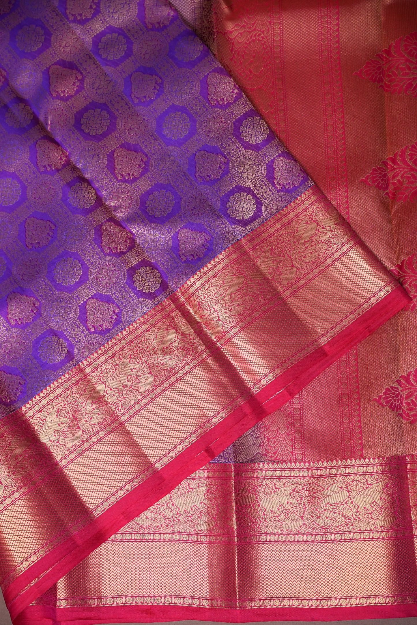 Royal Purple & Rani Pink Kanchipuram Silk Saree with Rich Gold Zari Weaving|Silk Mark Certified