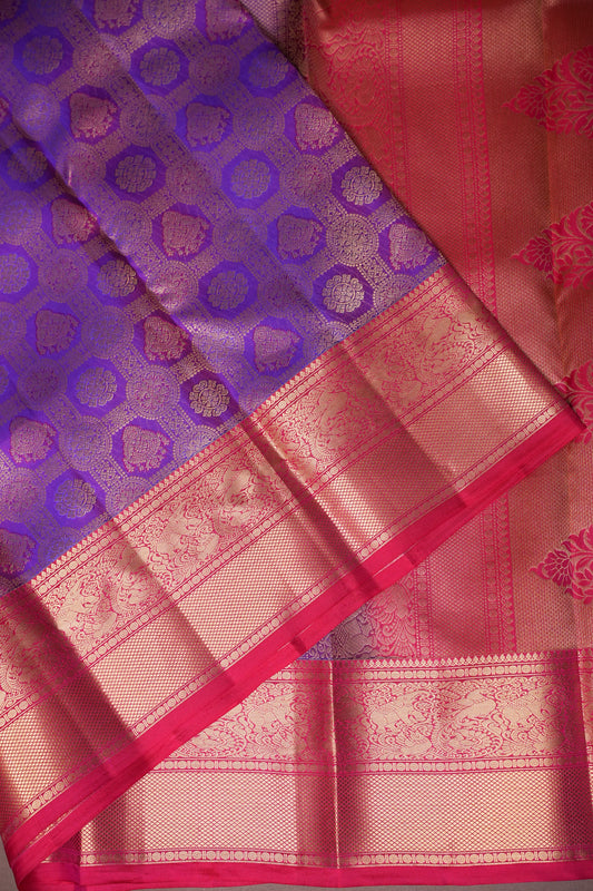 Royal Purple & Rani Pink Kanchipuram Silk Saree with Rich Gold Zari Weaving|Silk Mark Certified