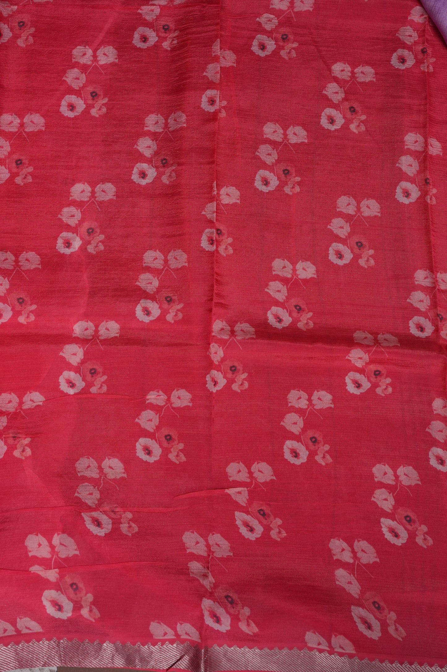 Mangalagiri Printed Silk Saree - Lavender Purple & Coral Red