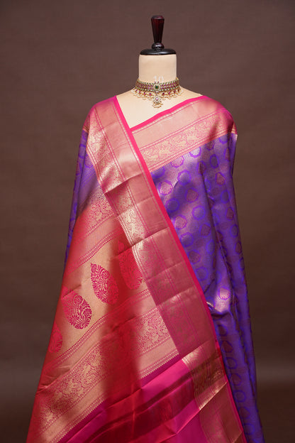 Royal Purple & Rani Pink Kanchipuram Silk Saree with Rich Gold Zari Weaving|Silk Mark Certified