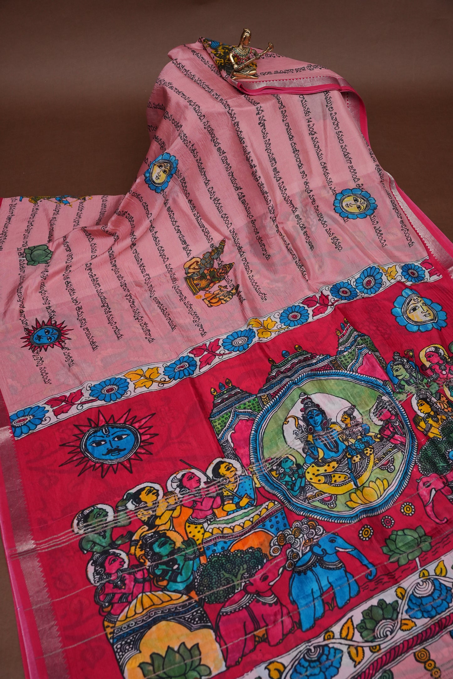Mangalagiri Printed Silk Saree - Peach Pink & Rani Pink