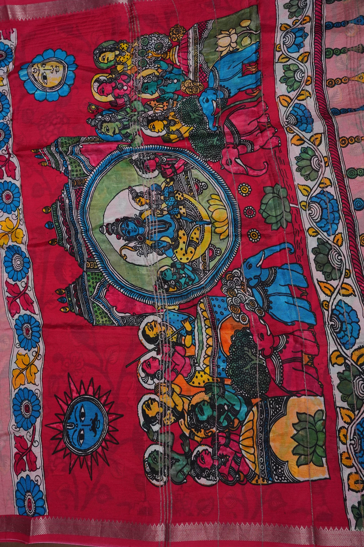 Mangalagiri Printed Silk Saree - Peach Pink & Rani Pink