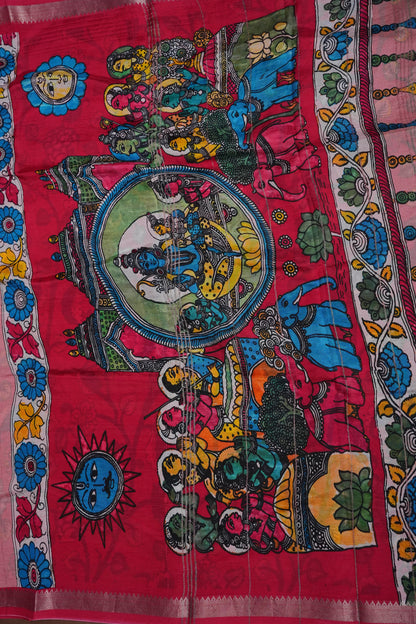 Mangalagiri Printed Silk Saree - Peach Pink & Rani Pink