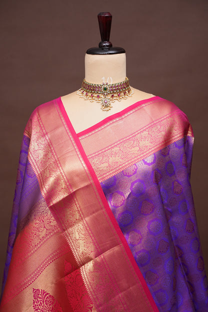 Royal Purple & Rani Pink Kanchipuram Silk Saree with Rich Gold Zari Weaving|Silk Mark Certified