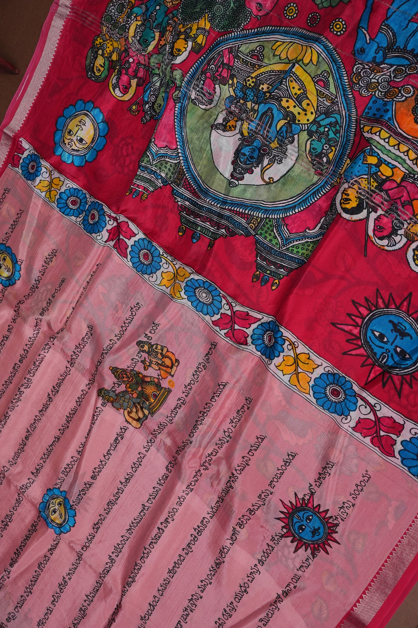 Mangalagiri Printed Silk Saree - Peach Pink & Rani Pink