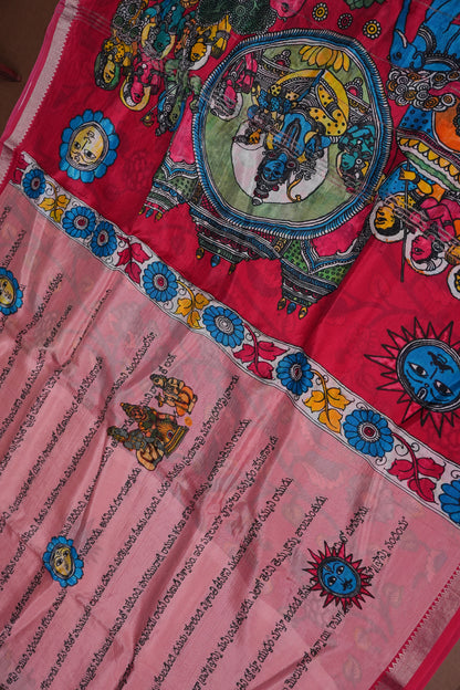 Mangalagiri Printed Silk Saree - Peach Pink & Rani Pink