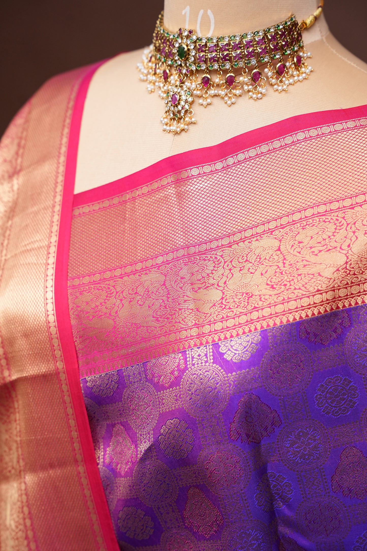 Royal Purple & Rani Pink Kanchipuram Silk Saree with Rich Gold Zari Weaving|Silk Mark Certified