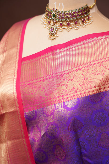 Royal Purple & Rani Pink Kanchipuram Silk Saree with Rich Gold Zari Weaving|Silk Mark Certified