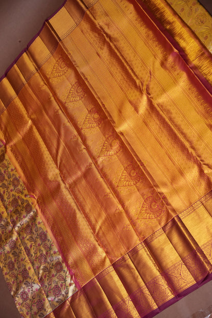 Gold & Maroon Pure Tissue Kanchipuram Silk Saree with Floral Brocade & Rich Gold Zari Border|Silk Mark Certified