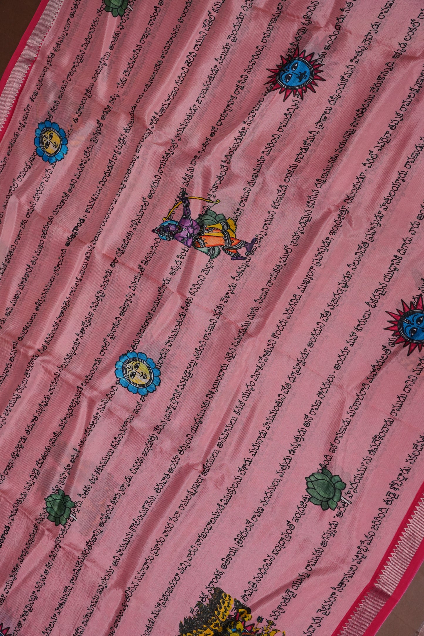 Mangalagiri Printed Silk Saree - Peach Pink & Rani Pink