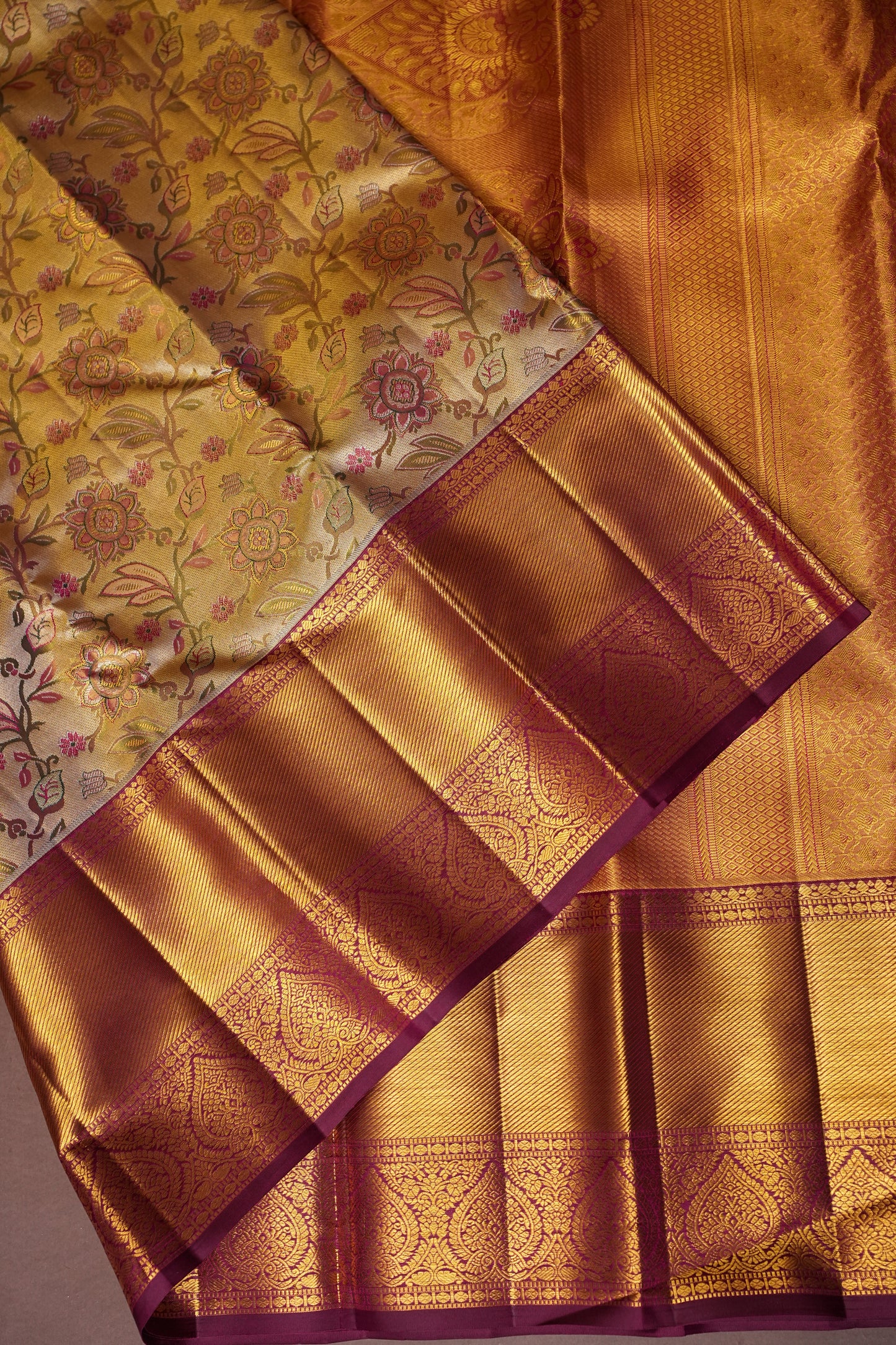 Gold & Maroon Pure Tissue Kanchipuram Silk Saree with Floral Brocade & Rich Gold Zari Border|Silk Mark Certified