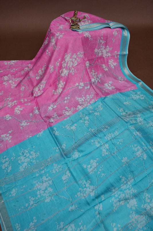 Mangalagiri Printed Silk Saree - Rose Pink & Aqua Blue