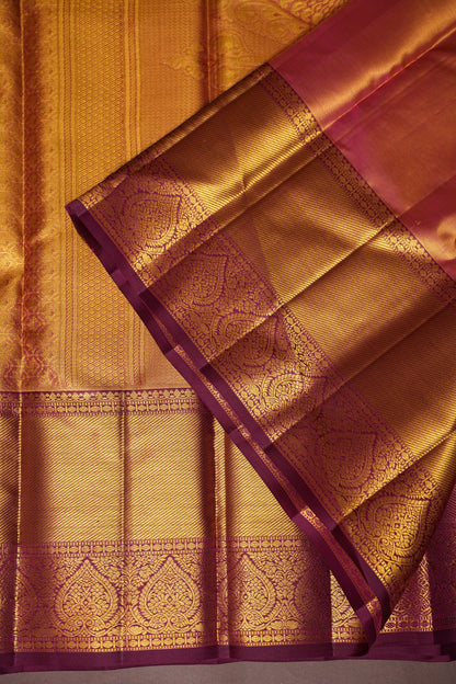Gold & Maroon Pure Tissue Kanchipuram Silk Saree with Floral Brocade & Rich Gold Zari Border|Silk Mark Certified