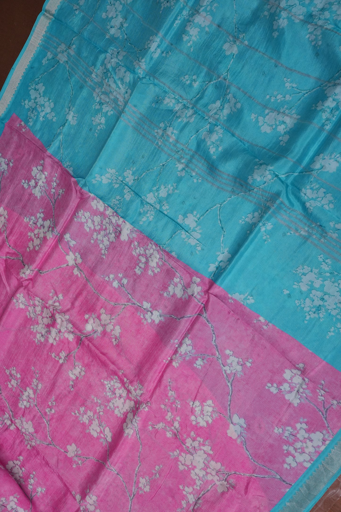 Mangalagiri Printed Silk Saree - Rose Pink & Aqua Blue