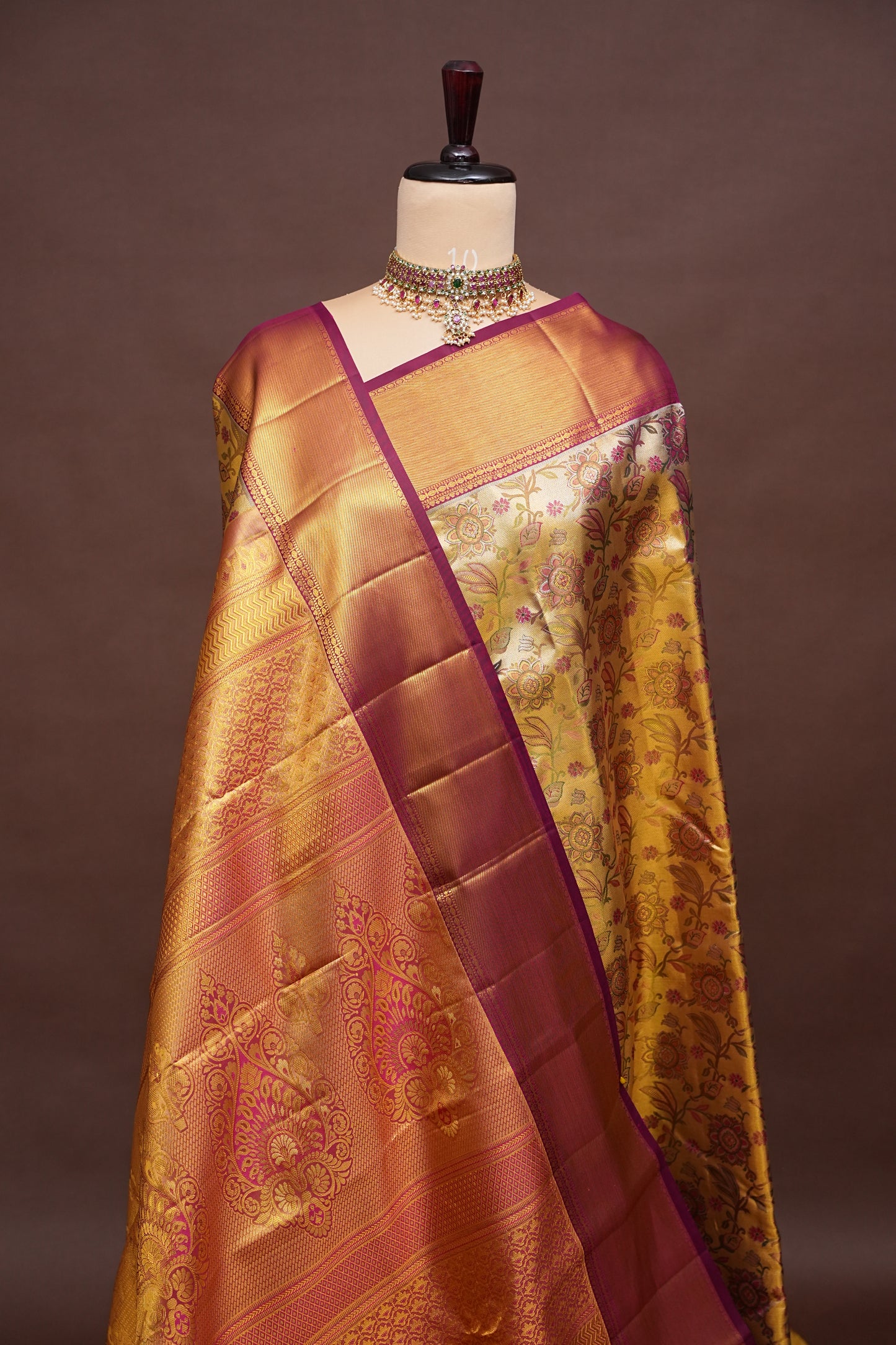 Gold & Maroon Pure Tissue Kanchipuram Silk Saree with Floral Brocade & Rich Gold Zari Border|Silk Mark Certified