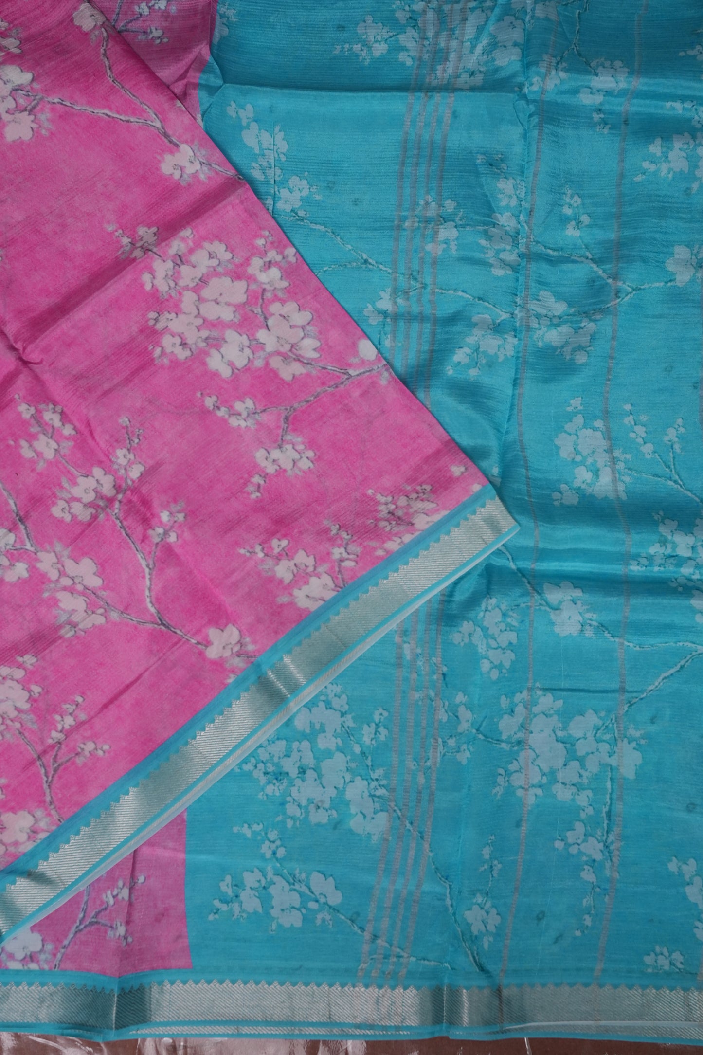 Mangalagiri Printed Silk Saree - Rose Pink & Aqua Blue