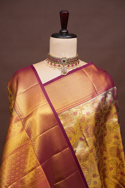 Gold & Maroon Pure Tissue Kanchipuram Silk Saree with Floral Brocade & Rich Gold Zari Border|Silk Mark Certified