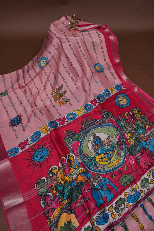 Mangalagiri Printed Silk Saree - Peach Pink & Rani Pink