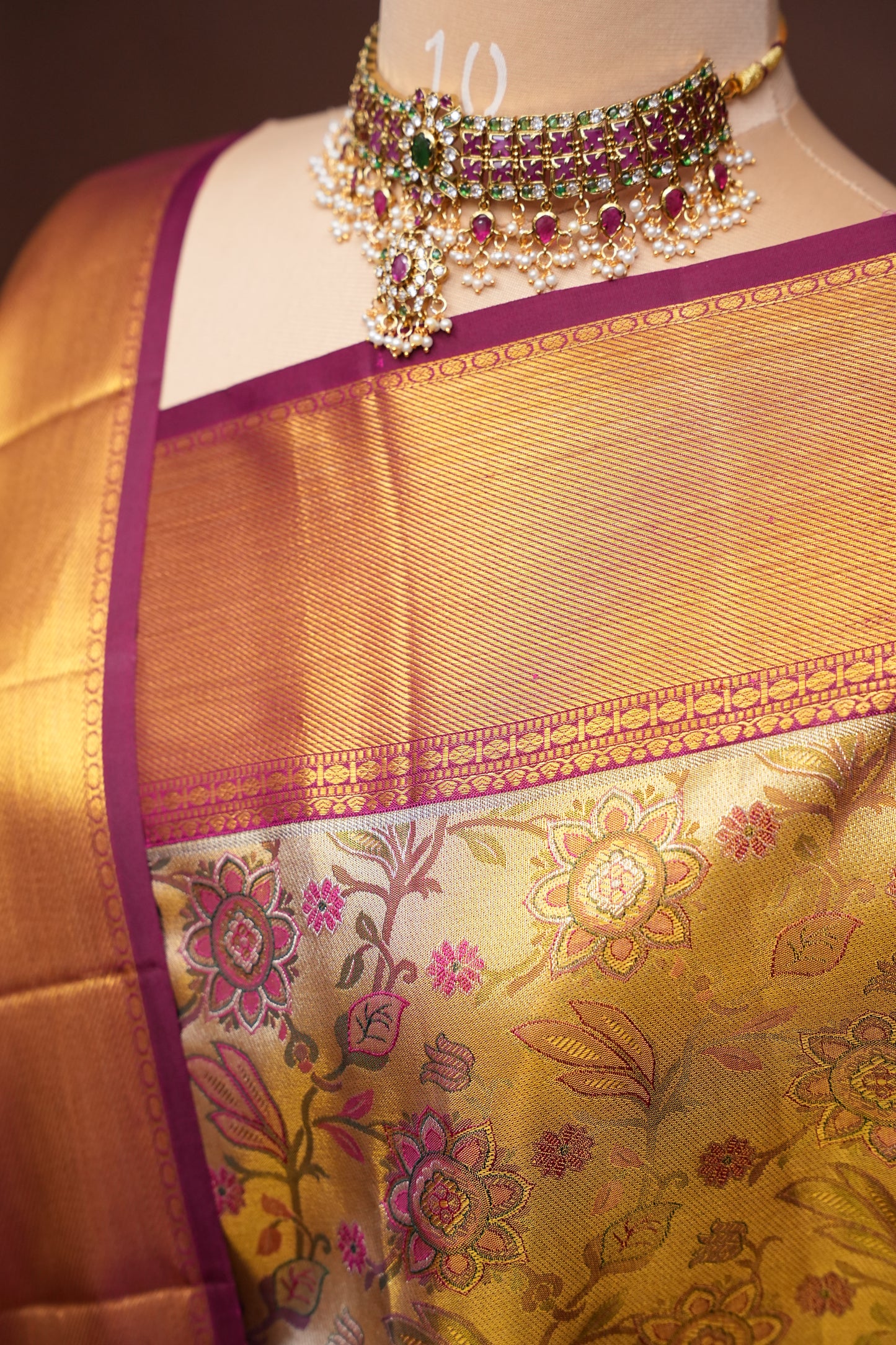 Gold & Maroon Pure Tissue Kanchipuram Silk Saree with Floral Brocade & Rich Gold Zari Border|Silk Mark Certified
