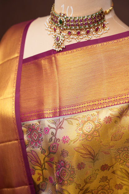 Gold & Maroon Pure Tissue Kanchipuram Silk Saree with Floral Brocade & Rich Gold Zari Border|Silk Mark Certified