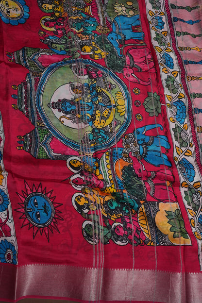Mangalagiri Printed Silk Saree - Peach Pink & Rani Pink