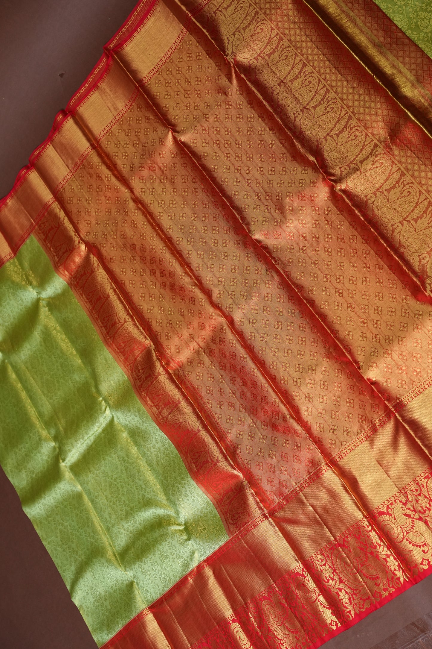Pistachio Green & Red Pure Tissue Kanchipuram Silk Saree|Silk Mark Certified