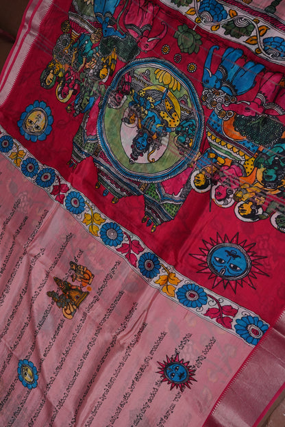 Mangalagiri Printed Silk Saree - Peach Pink & Rani Pink