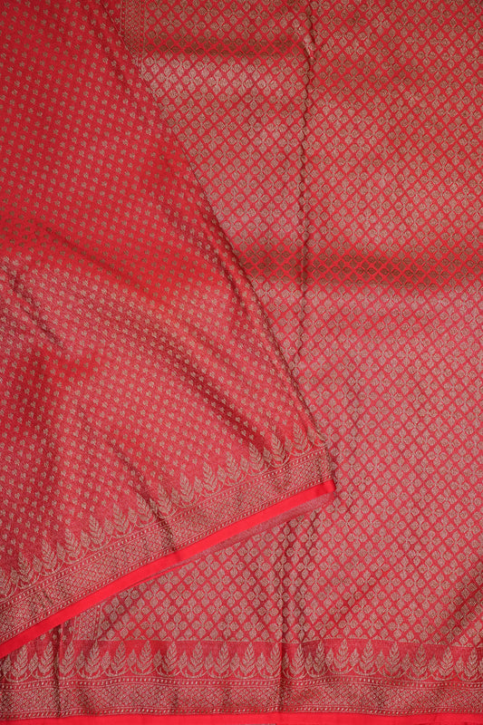 Satin Georgette Banarasi Saree with Antique Buttas & Border – Red